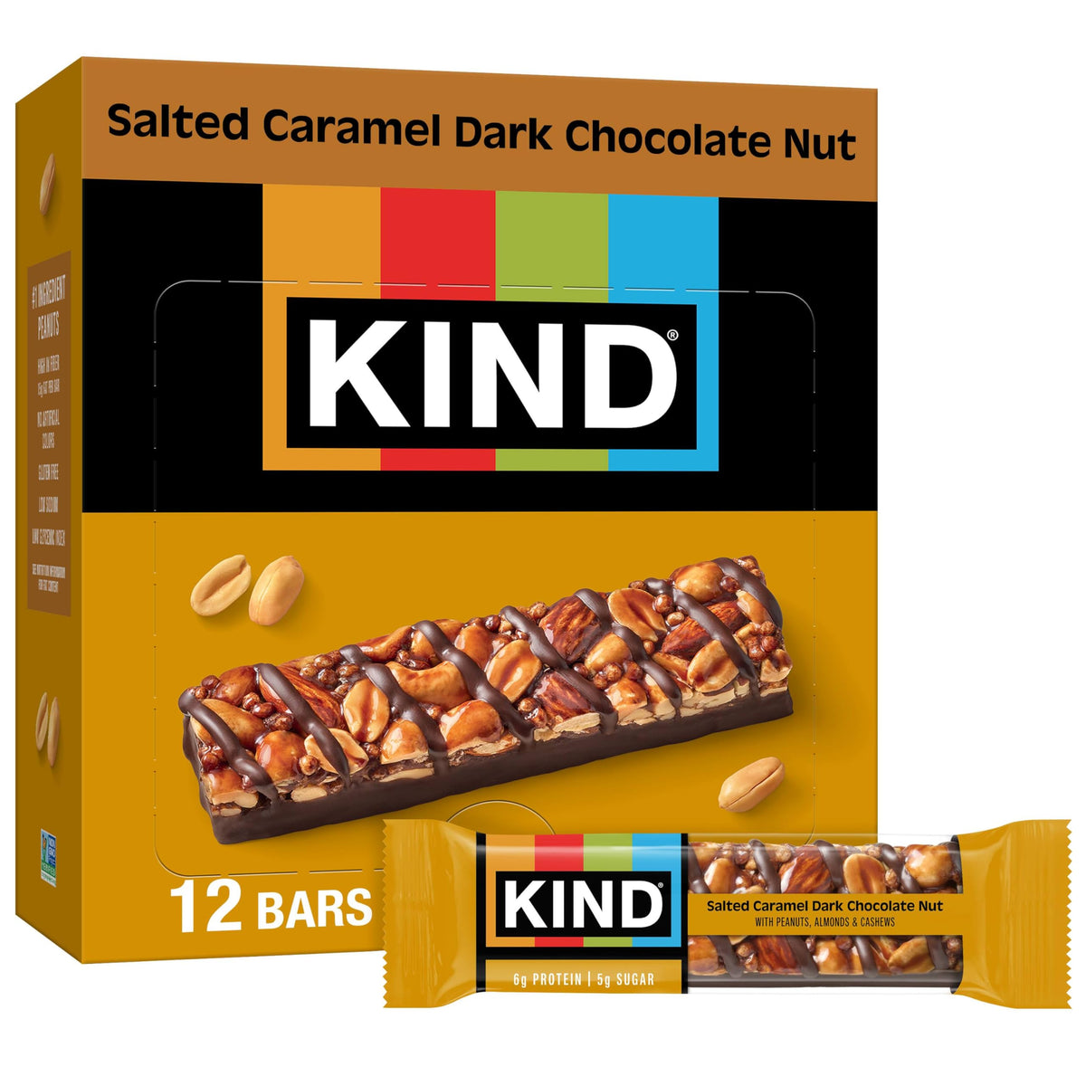 KIND Salted Caramel Dark Chocolate Nut Bar in pack for on-the-go snacking.