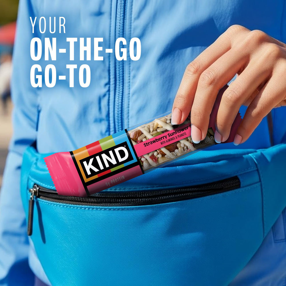 KIND Seeds Fruit & Nuts bar highlights dried fruits and strawberries for natural sweetness.