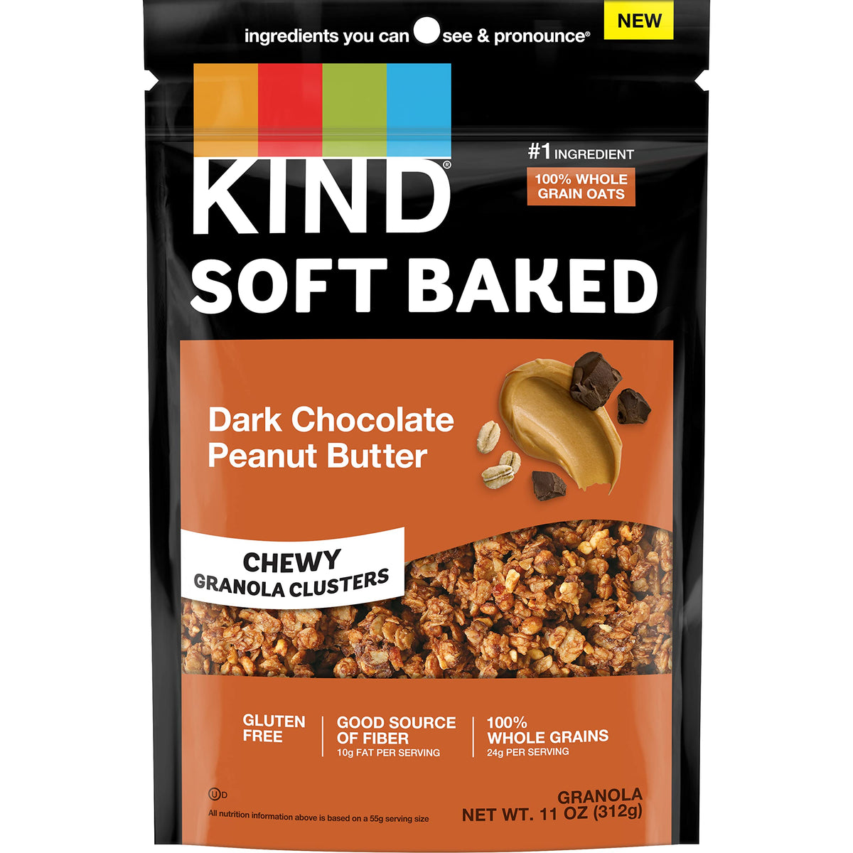 KIND Soft Baked Granola dark chocolate peanut butter clusters in a bag, a wholesome breakfast option.