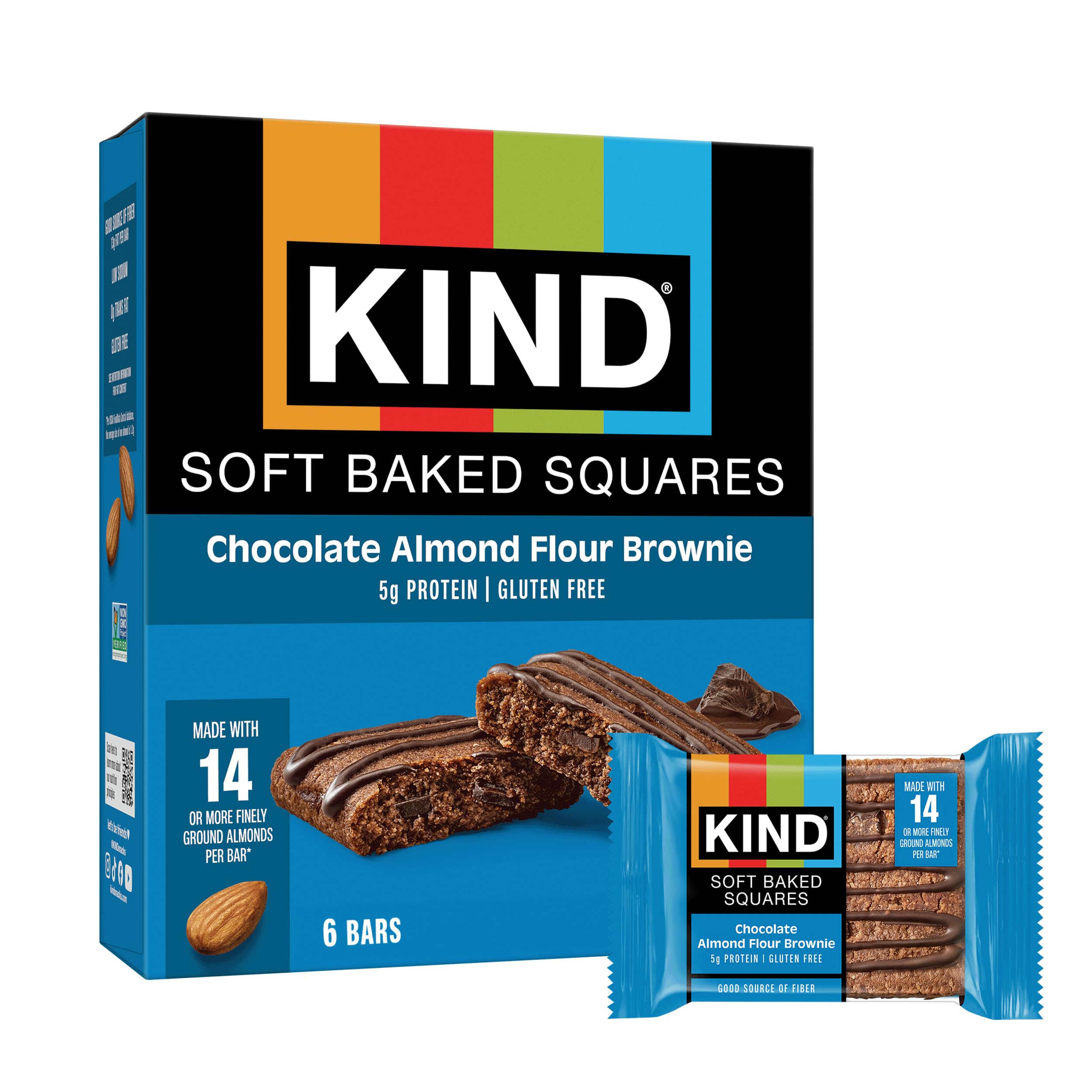 KIND Soft Baked Squares chocolate almond brownie box showcases gluten-free indulgence with real ingredients.