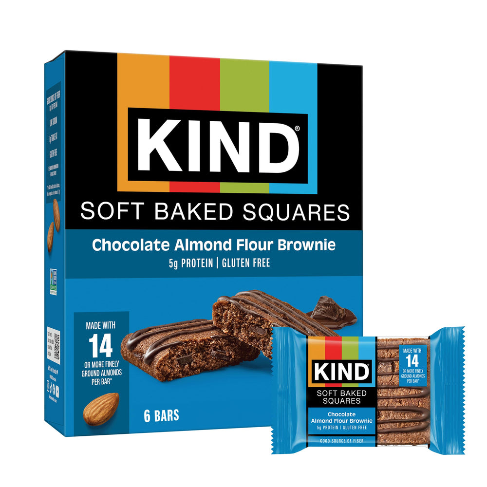 KIND Soft Baked Squares chocolate almond brownie box showcases gluten-free indulgence with real ingredients.
