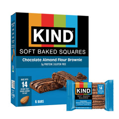 KIND Soft Baked Squares chocolate almond brownie box showcases gluten-free indulgence with real ingredients.