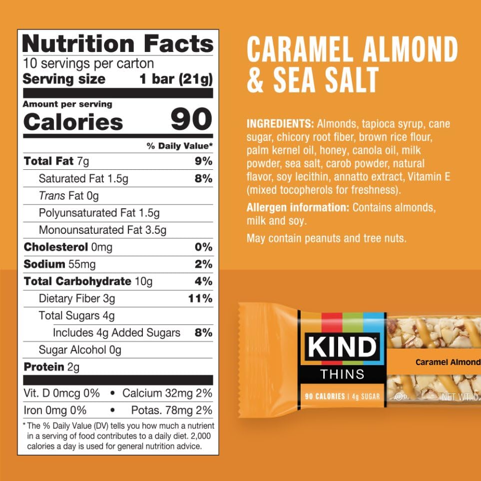 Close-up of KIND Thins Caramel Almond & Sea Salt texture and chocolate drizzle.