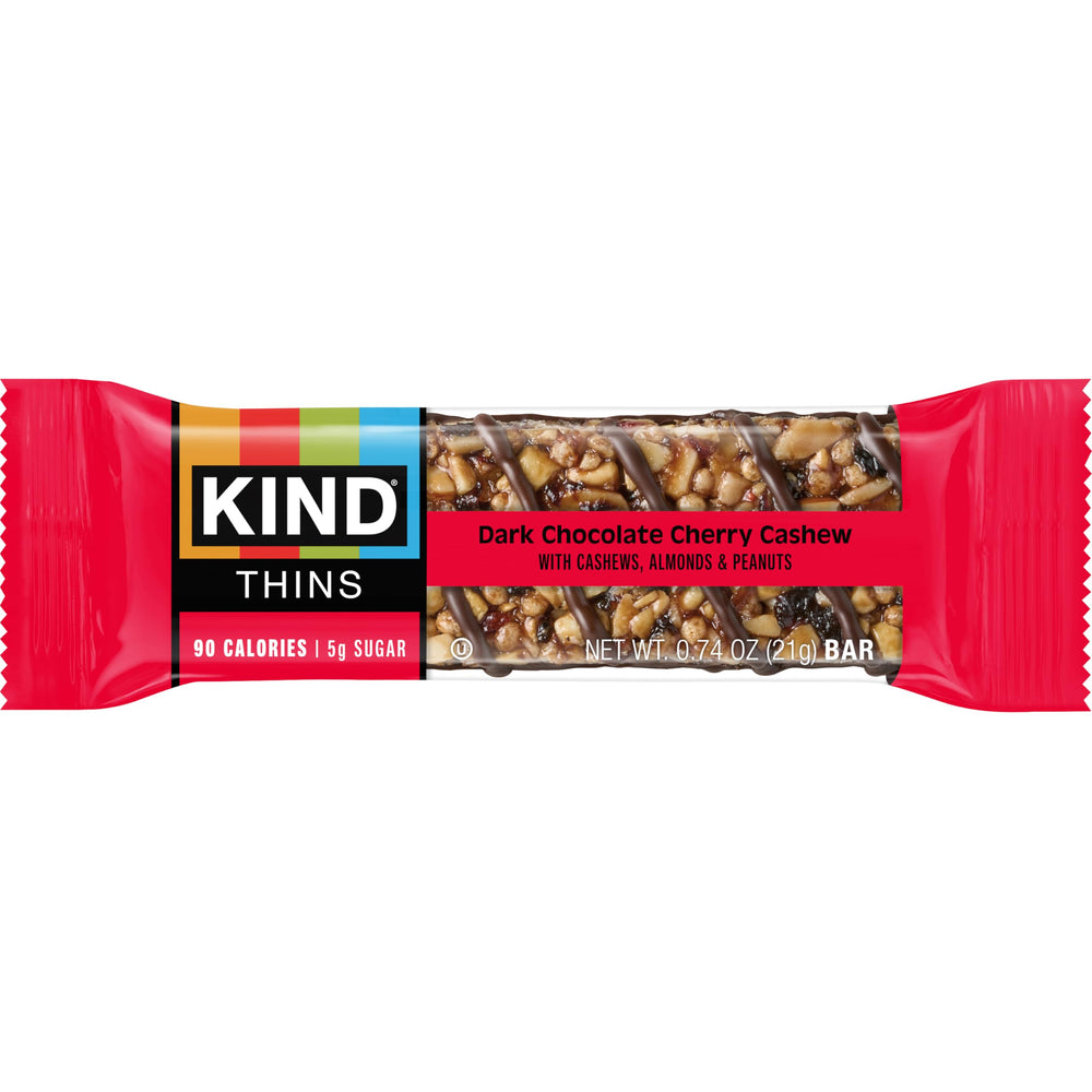 KIND THINS Dark Chocolate Cherry Cashew Bar delivers 90 calories per bar