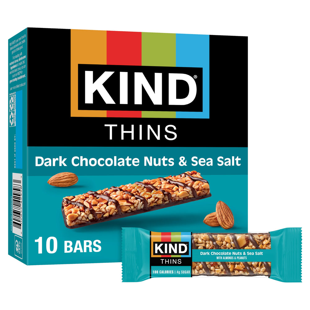 KIND Thins dark chocolate nuts and sea salt bars in a pack, gluten-free and satisfying.