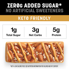 KIND ZERO bar showing almond center and caramel coating for a protein-rich snack.