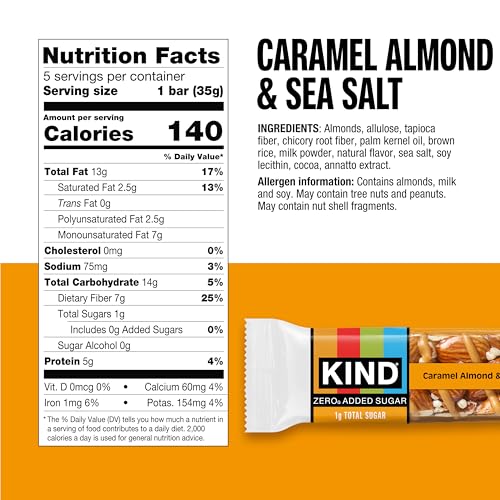 Close-up of KIND ZERO caramel almond sea salt bar with drizzle and almonds.