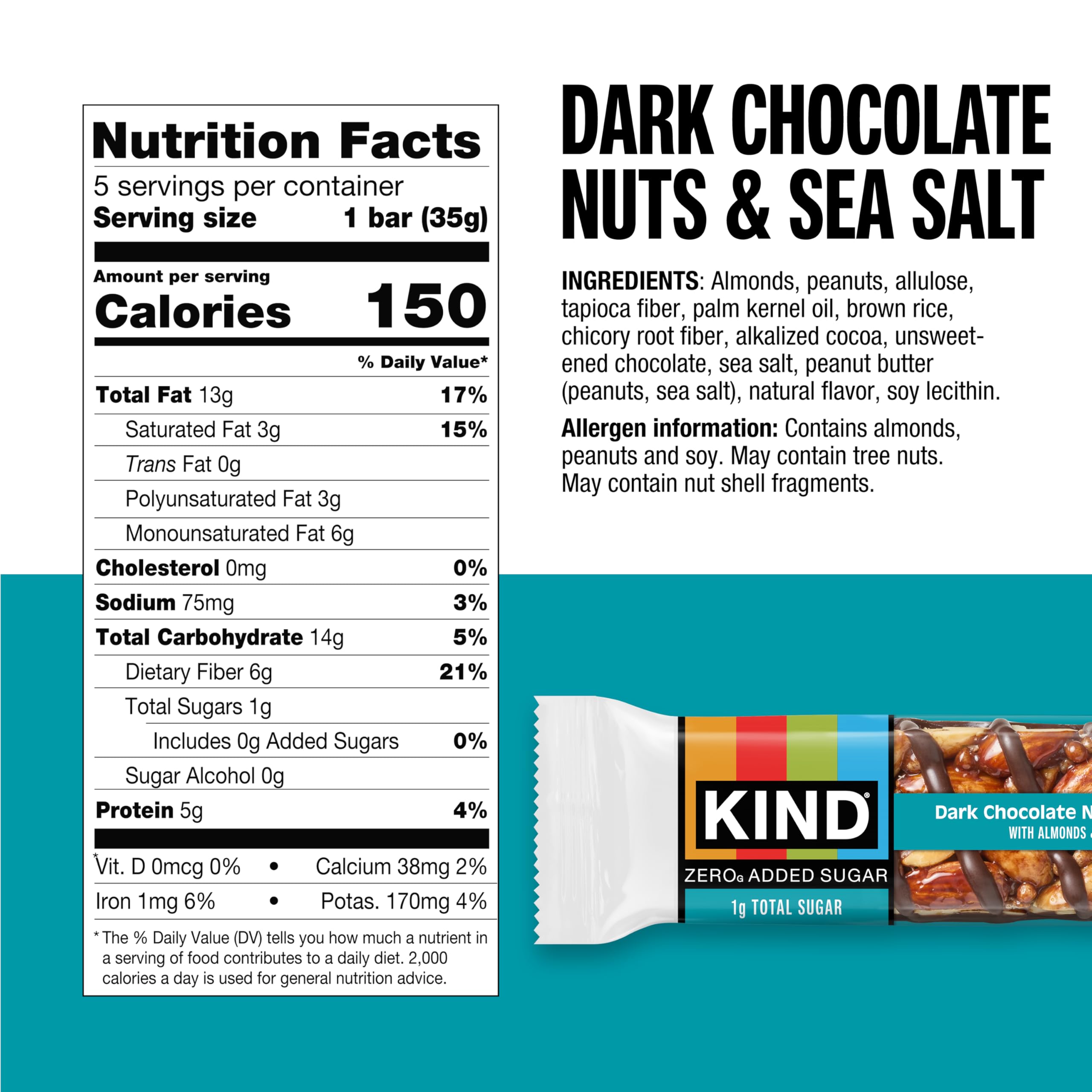 KIND Zero Added Sugar peanut butter dark chocolate bar ready to eat, protein-rich snack.