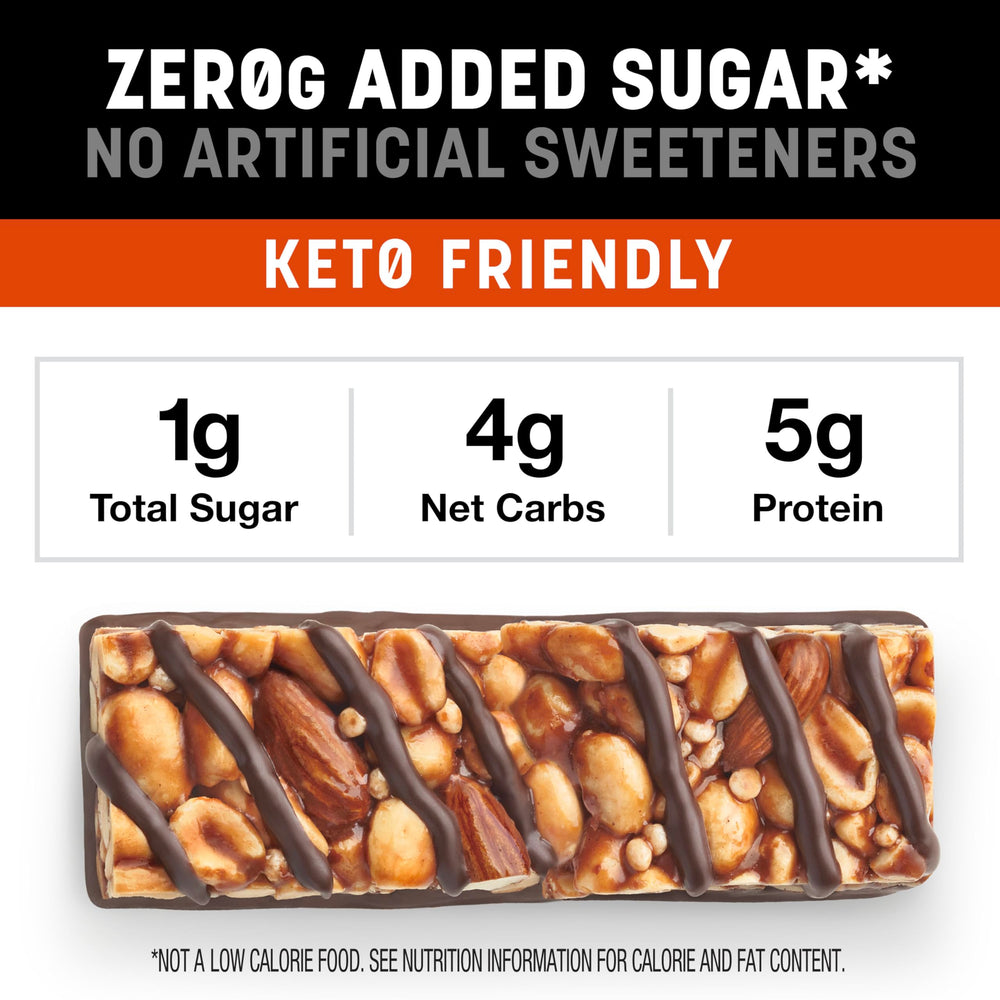 KIND ZERO bars arranged on a wooden board, gluten-free and high-fiber option.