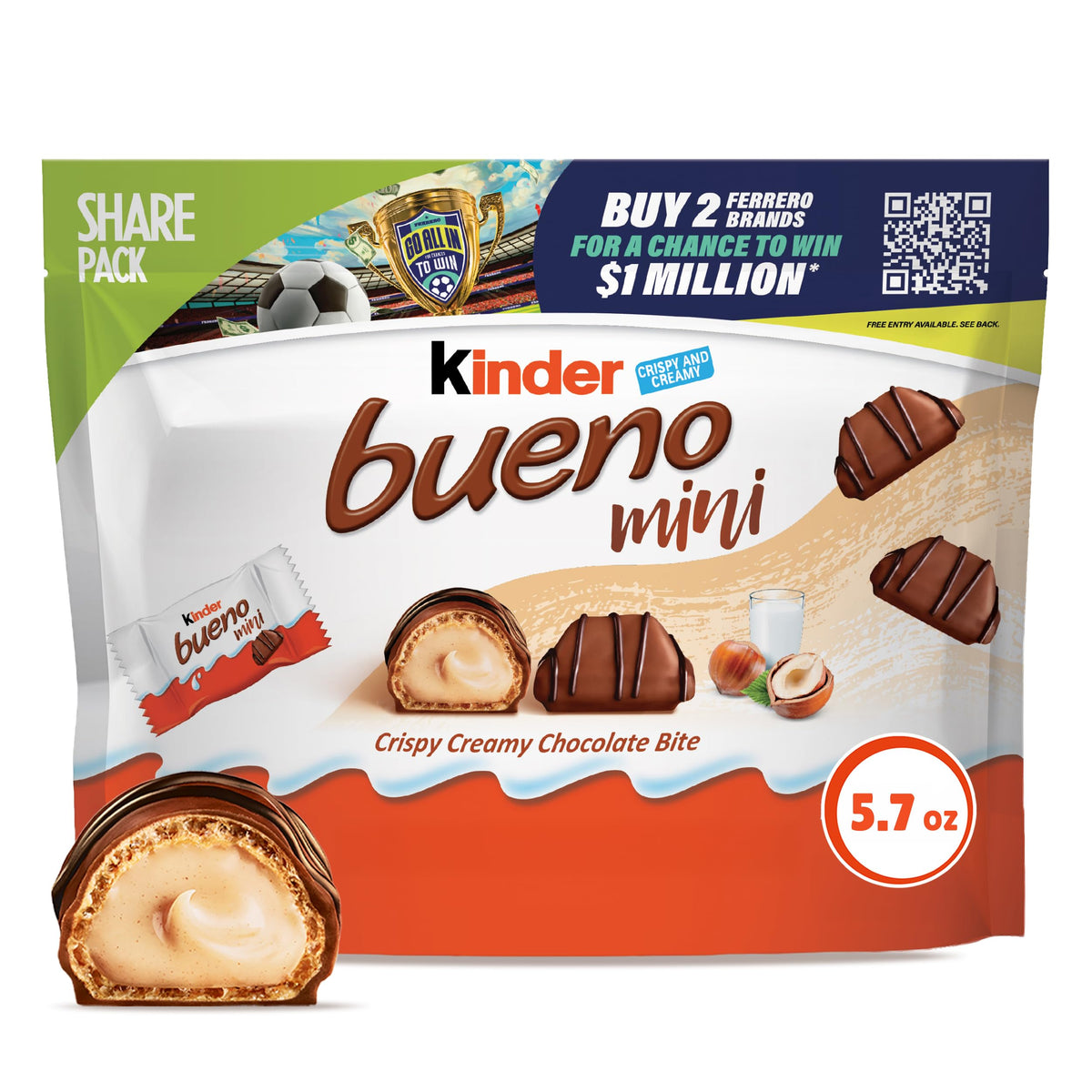 Kinder Bueno mini bar with hazelnut filling and crispy wafer, ideal for sharing.