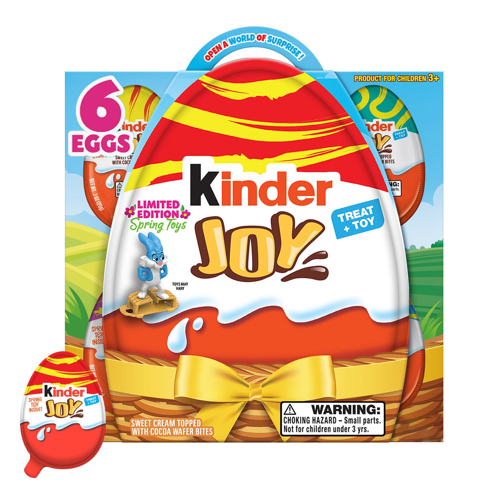 Kinder Joy treat egg foil wrap closeup showing creamy center and wafer crunch for Easter gifting.