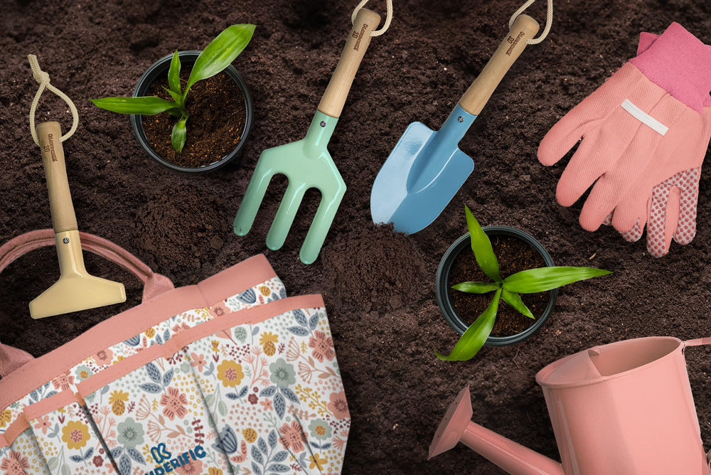 Kinderific gardening set fork supports soil prep and planting tasks.
