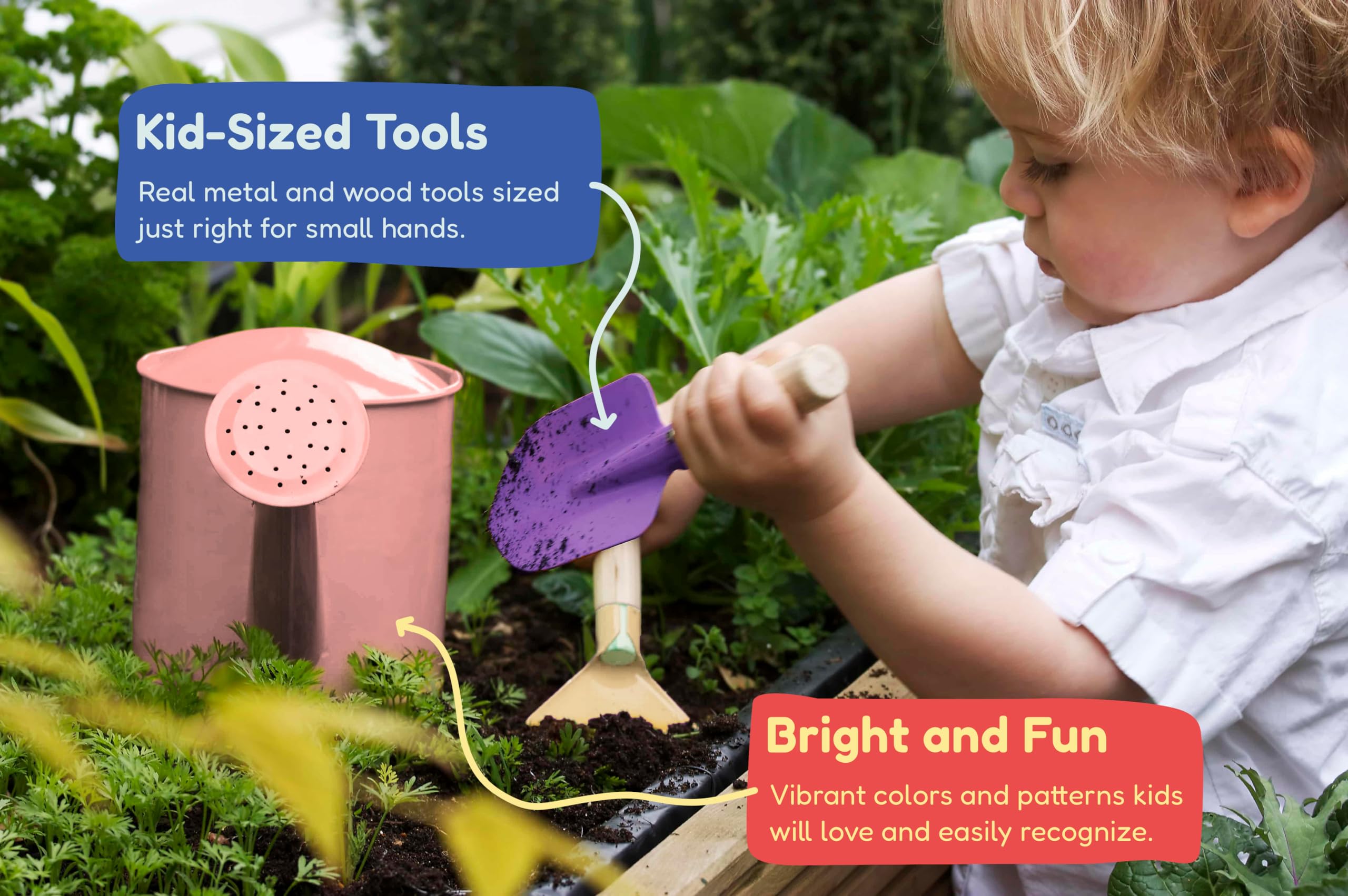 Kinderific gardening set shovel and spade shown for safe digging in small hands.