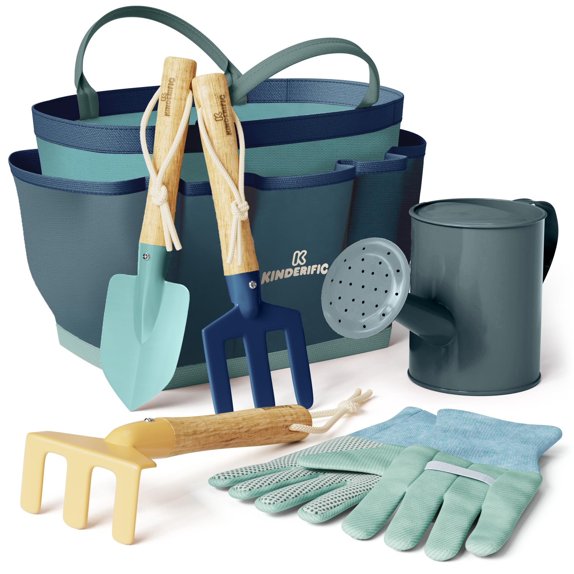 Kinderific gardening set tote bag in Ocean Blue keeps kids organized for outdoor planting