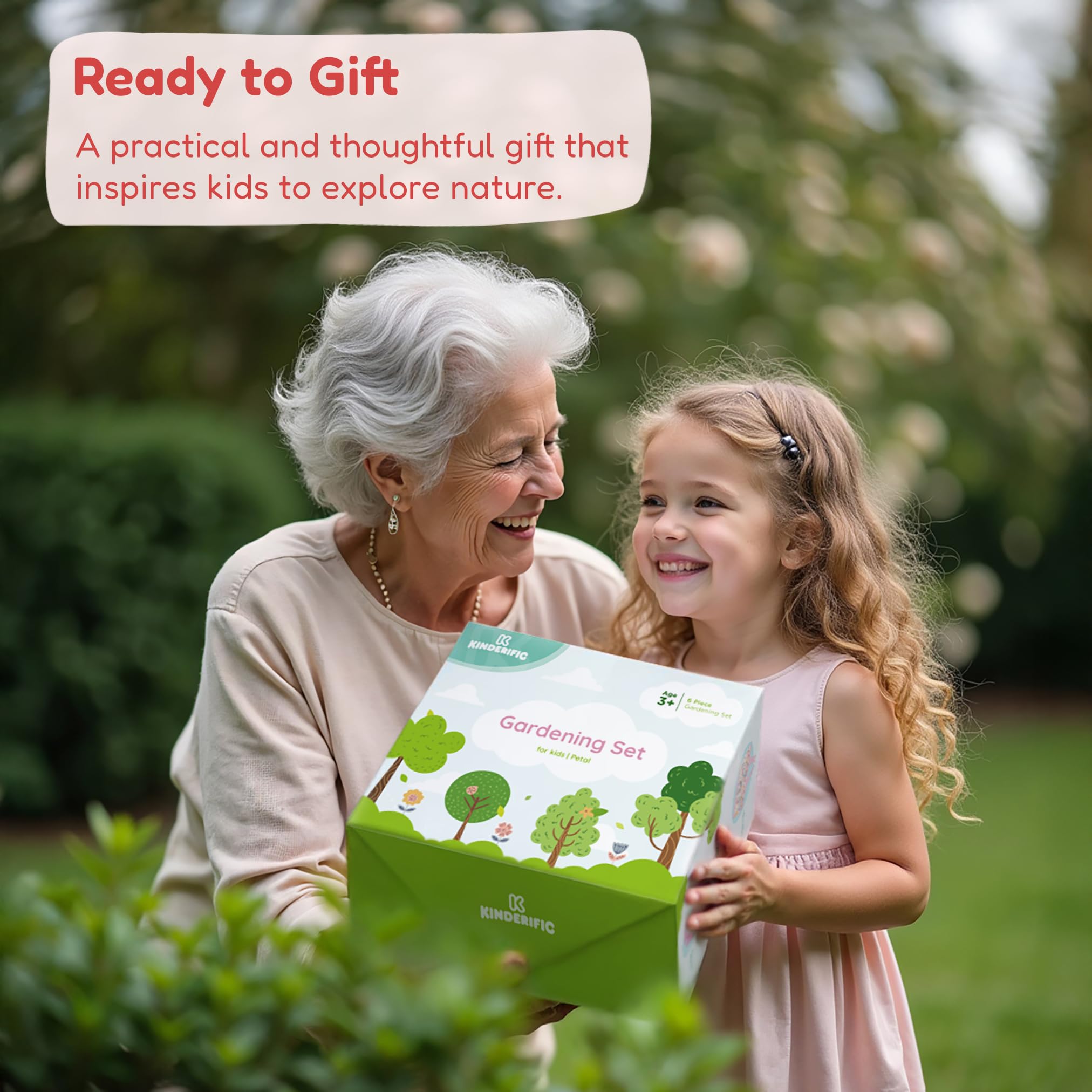 Kinderific gardening set tote bag pictured for portable storage and organization.