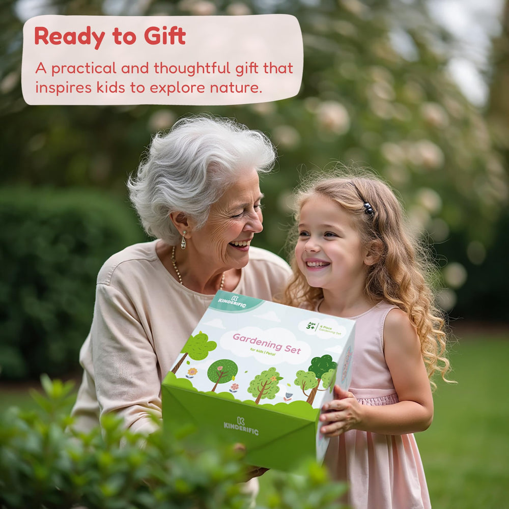Kinderific gardening set tote bag pictured for portable storage and organization.