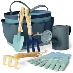 Kinderific gardening set tote bag in Ocean Blue keeps kids organized for outdoor planting