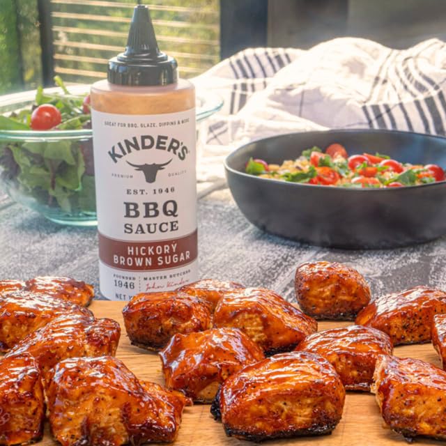 Kinder's Hickory Brown Sugar BBQ Sauce with open cap ready for dipping