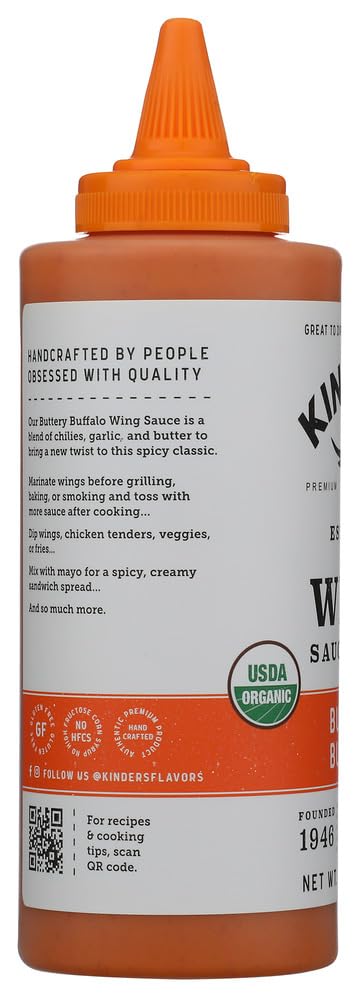Kinders Organic Buttery Buffalo Wing Sauce bottle beside clean-label ingredients.
