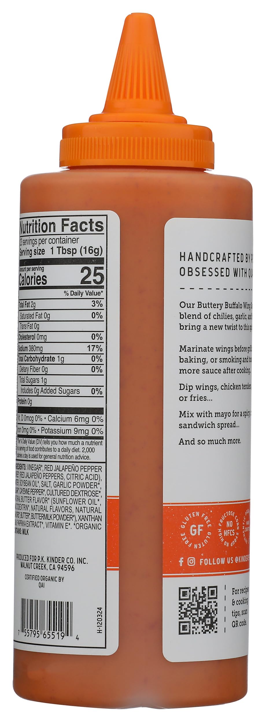 Kinders Organic Buttery Buffalo Wing Sauce glaze on wings plate delivers glossy coating.