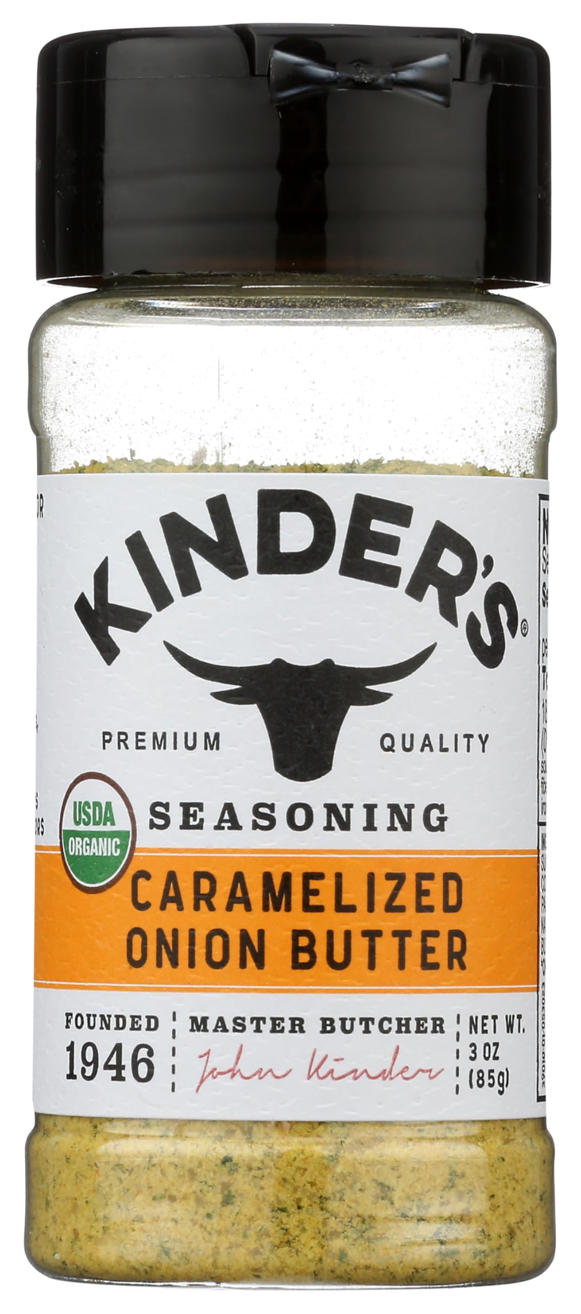 KINDER'S Organic Caramelized Onion Butter Seasoning jar enhances baked dishes with rich, savory notes.