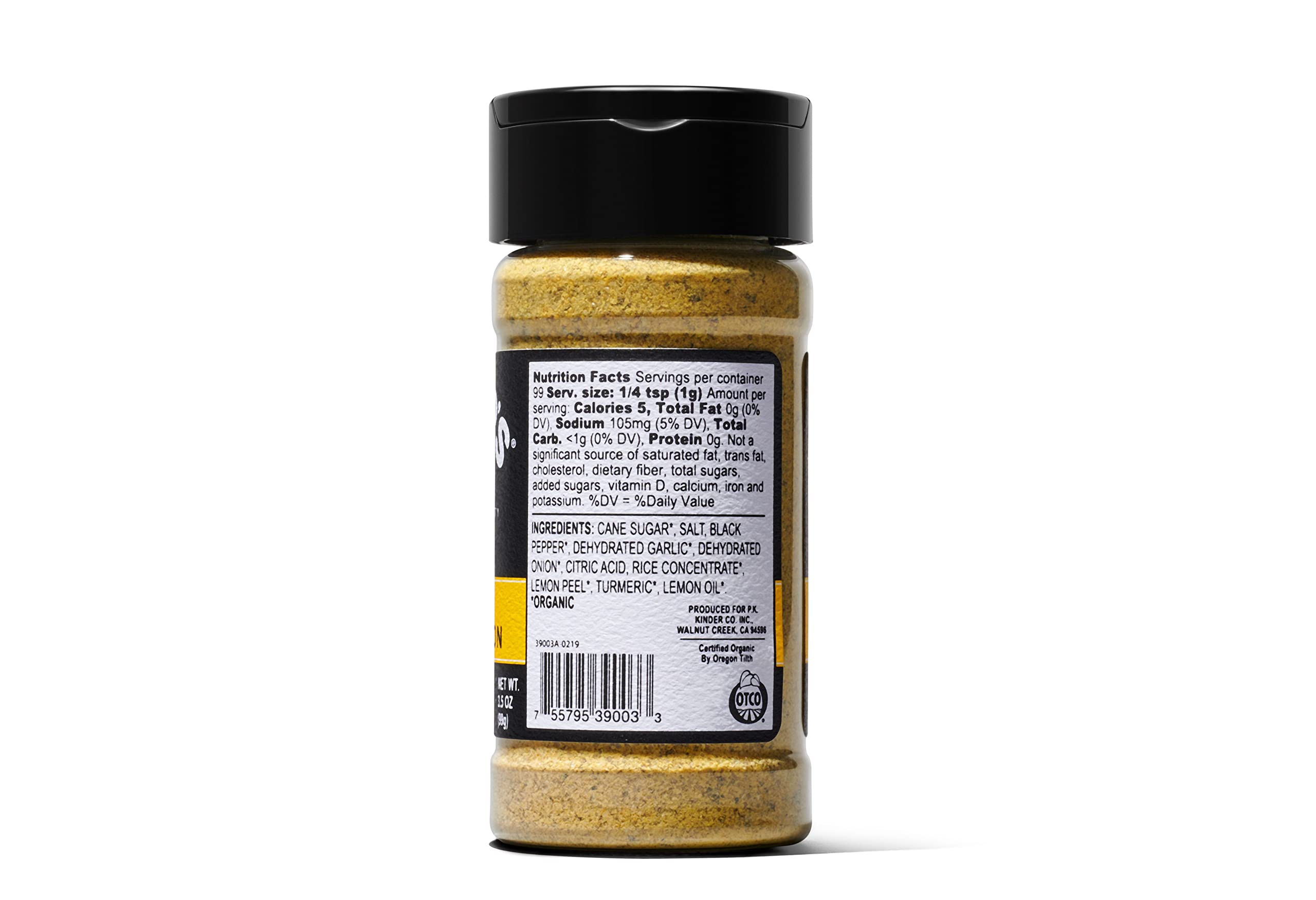 Kinder's Organic Cracked Pepper and Lemon seasoning in a marinade bowl enhances seafood flavor.