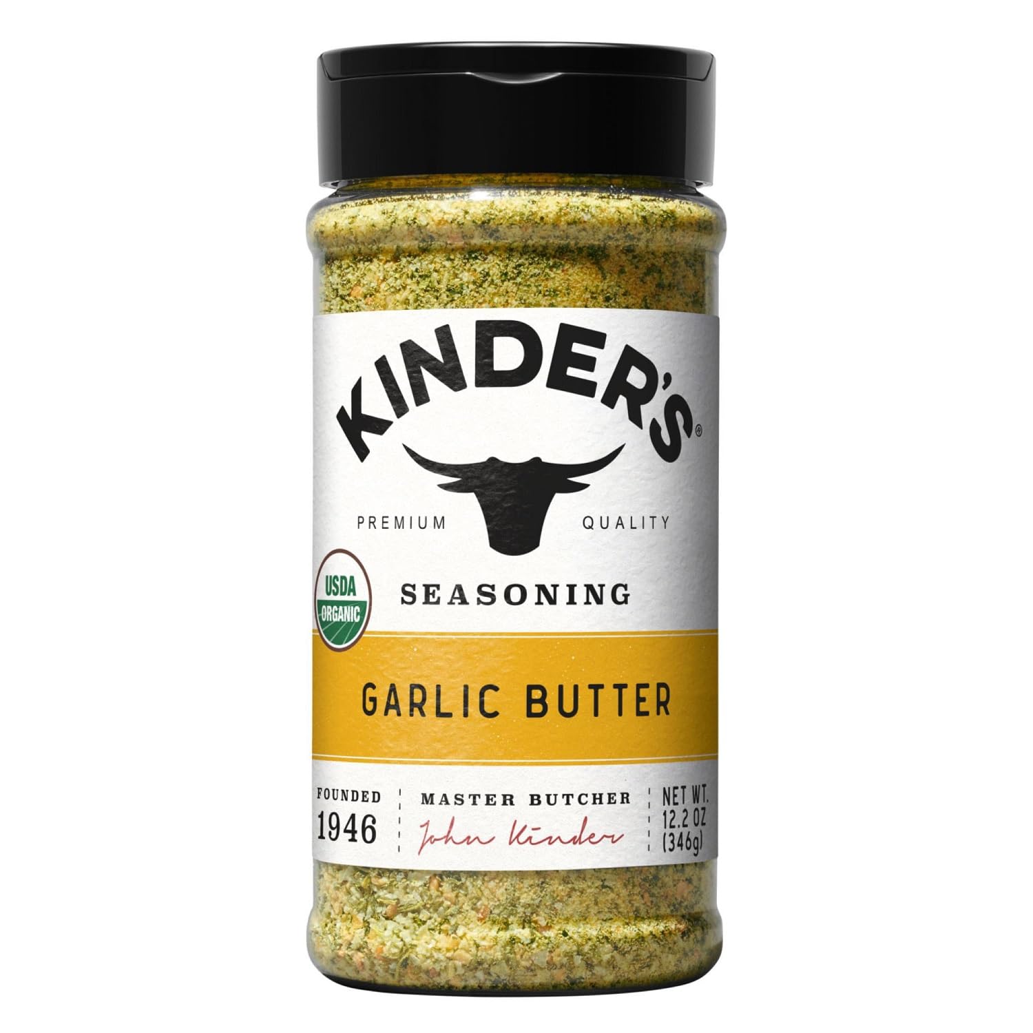 KINDER'S Organic Garlic Butter Seasoning jar enhances seafood and vegetables with rich aroma.