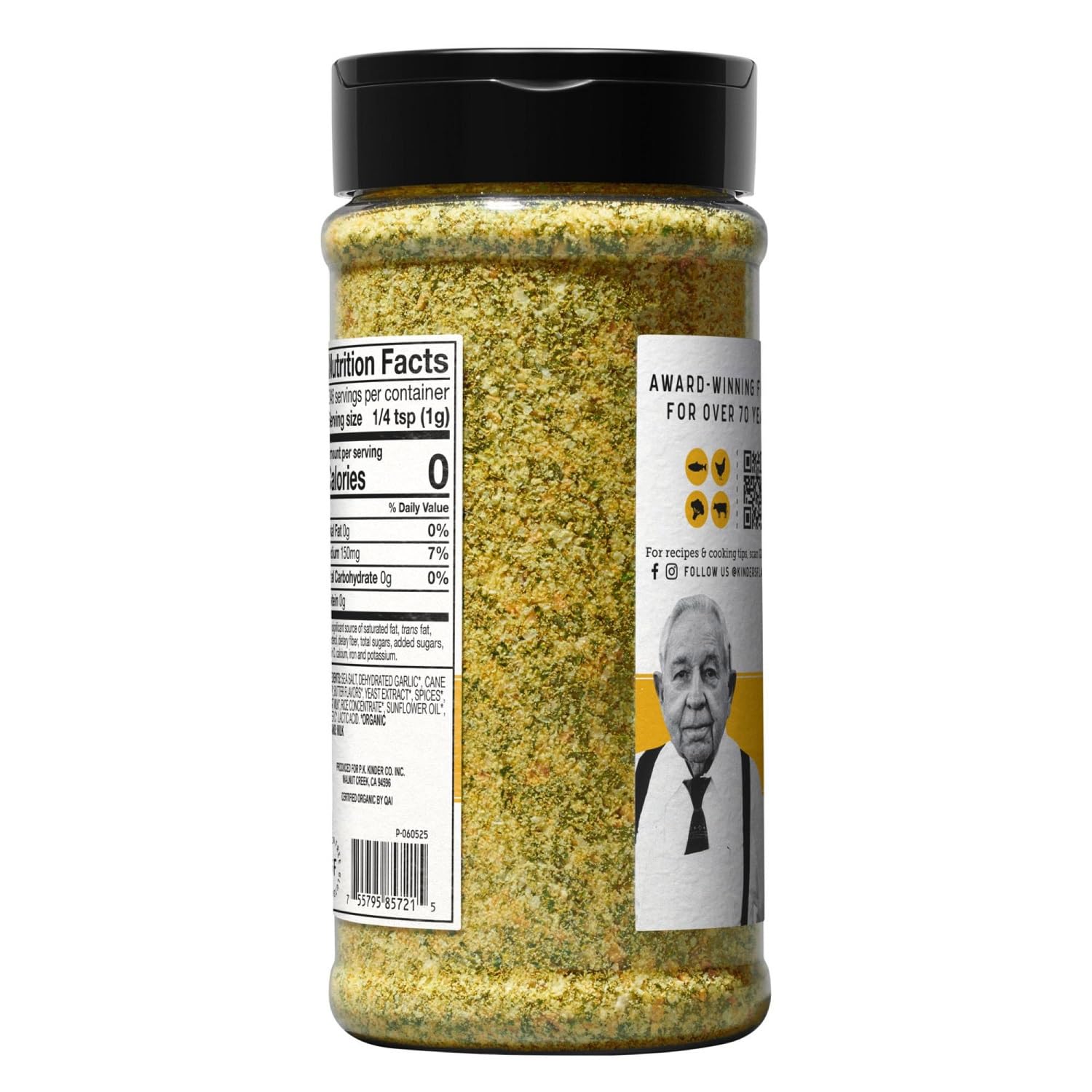 KINDER'S Organic Garlic Butter Seasoning label highlights premium quality for cooks.