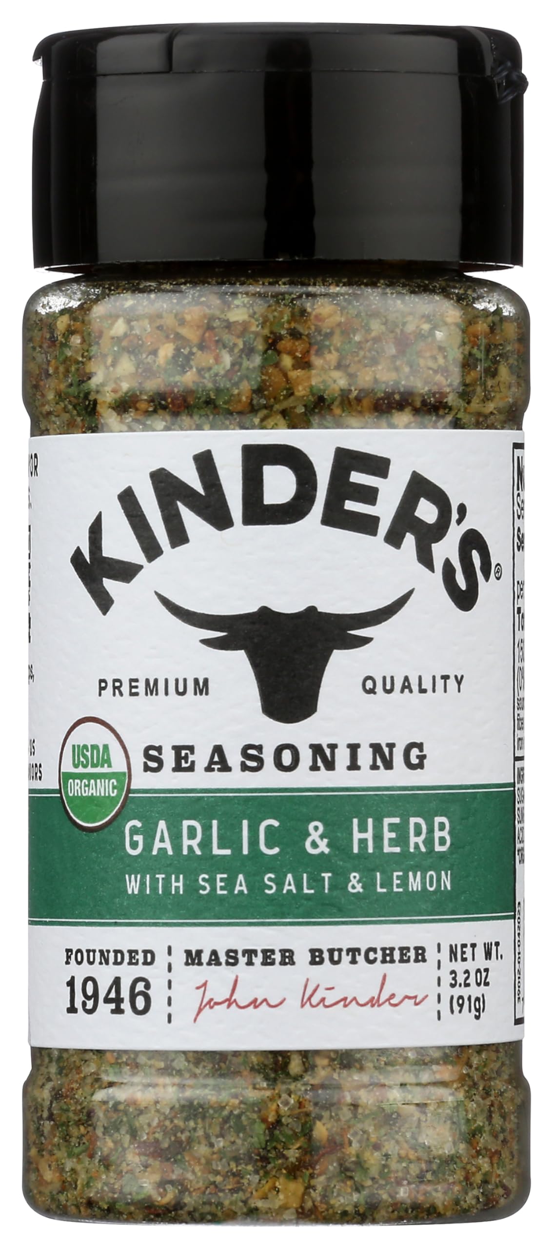 KINDER'S organic garlic herb sea salt lemon seasoning canister adds everyday flavor.