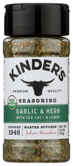 KINDER'S organic garlic herb sea salt lemon seasoning canister adds everyday flavor.
