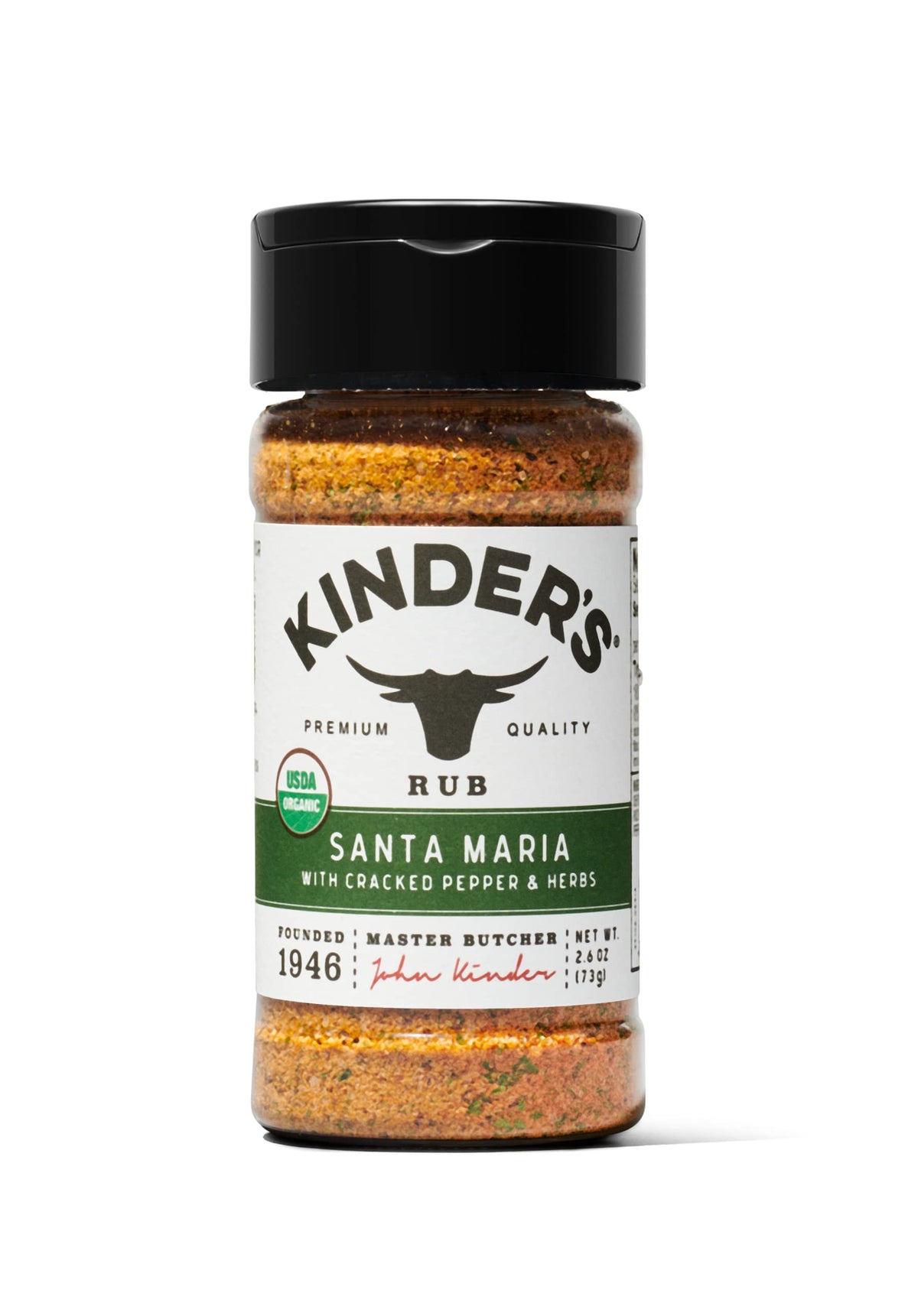 KINDER'S Organic Santa Maria Rub bottle highlighting cracked pepper for bold poultry flavor