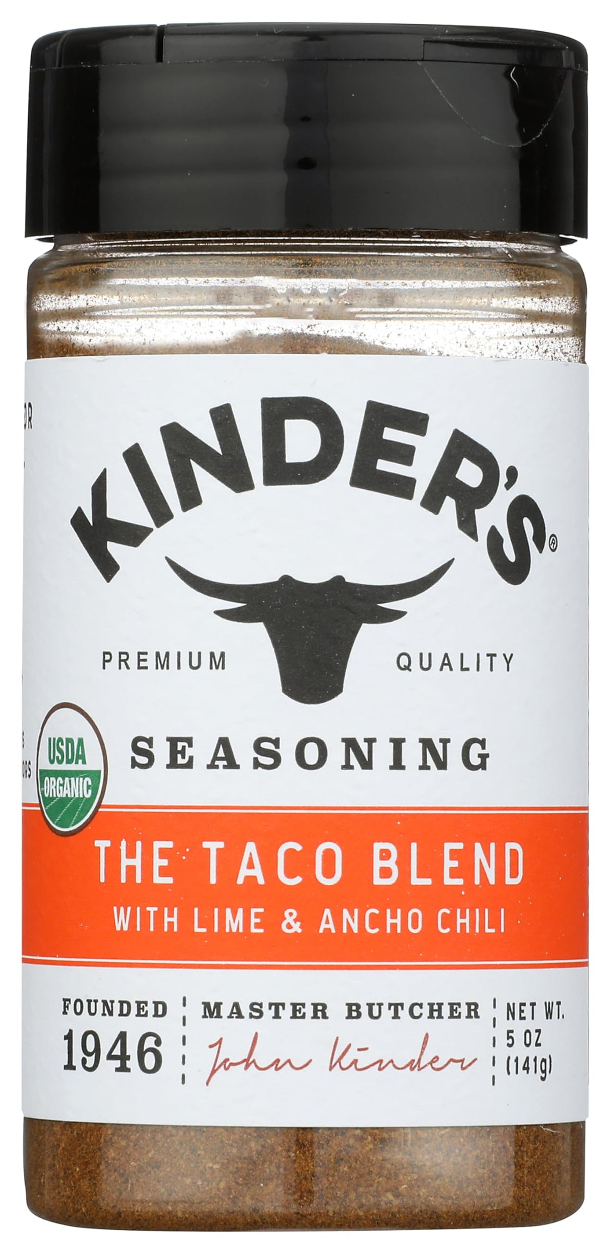 KINDER'S Organic Taco Blend Seasoning packaging shows fresh, ready-to-use flavor for meals.