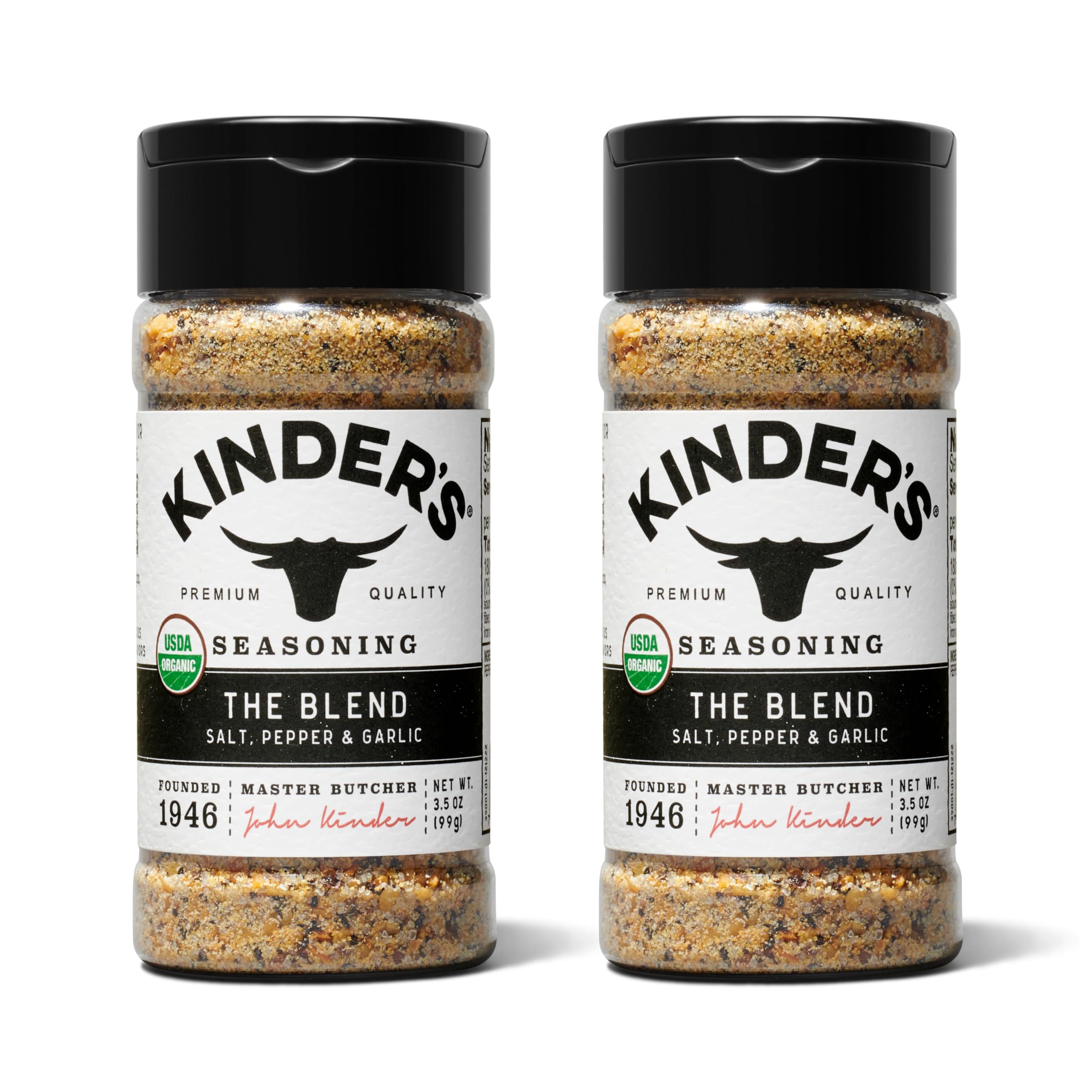 Kinder's Organic The Blend salt-pepper-garlic bottle for versatile seasoning.