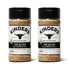 Kinder's Organic The Blend salt-pepper-garlic bottle for versatile seasoning.