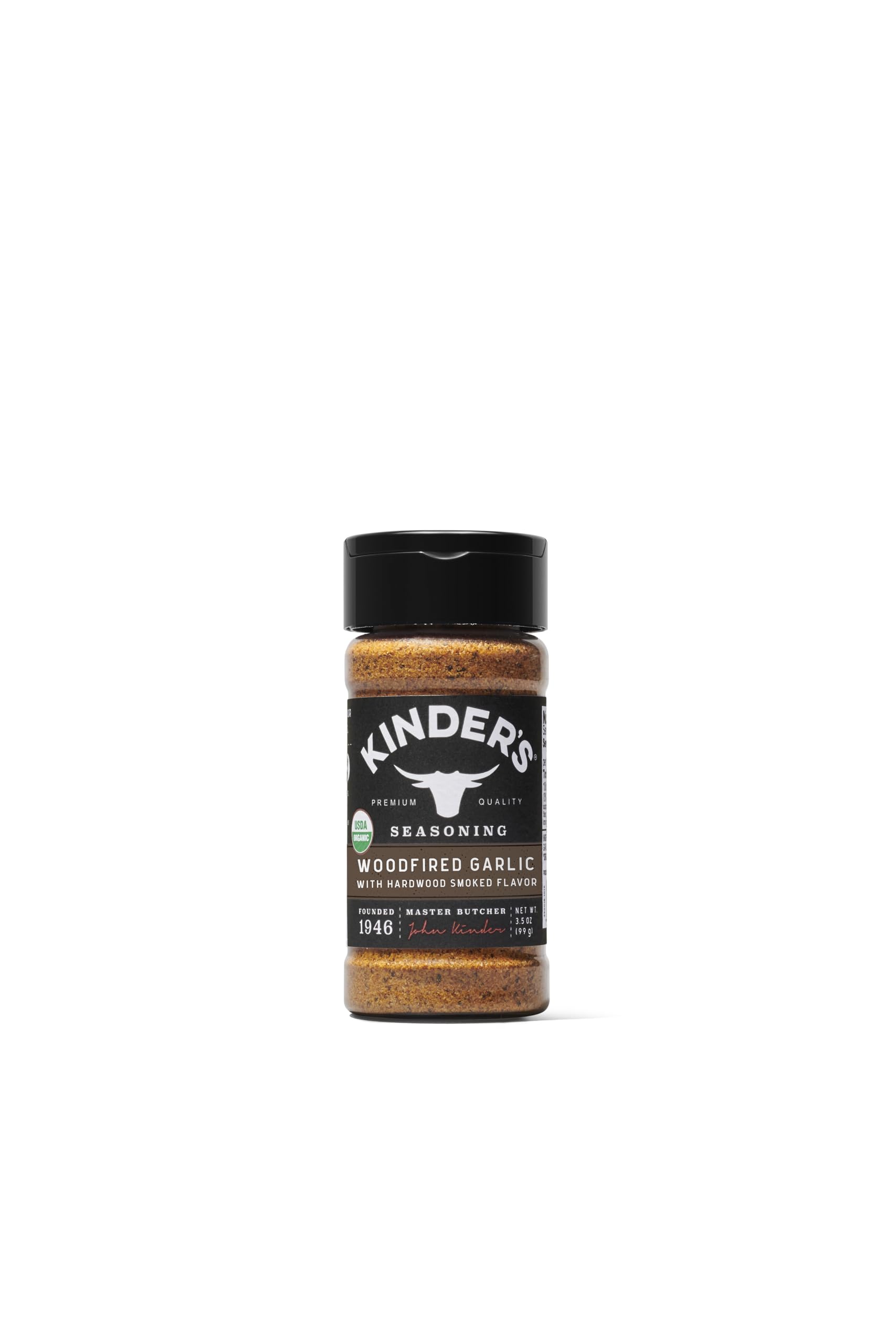 Kinder's Woodfired Garlic Rub bottle boosts smoky grilling flavor