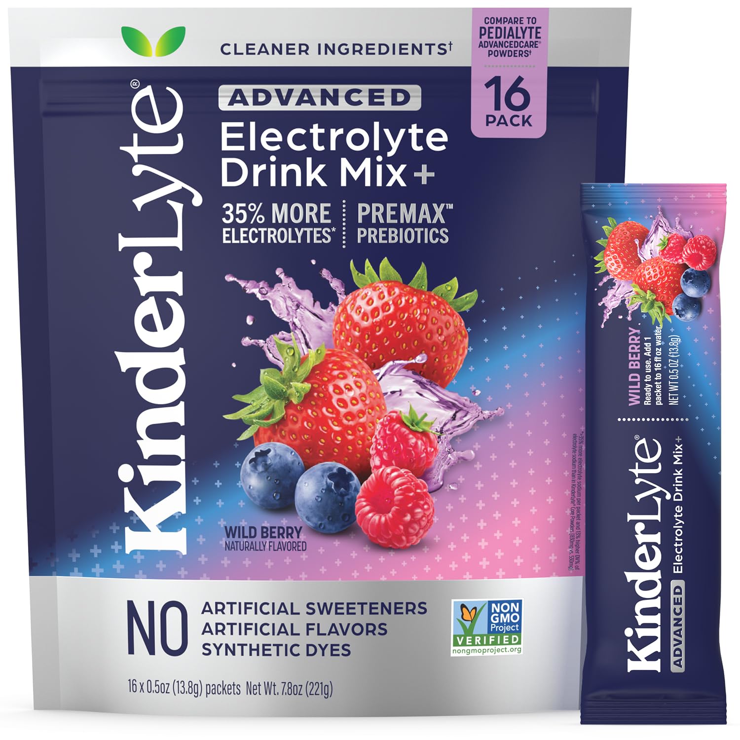KinderLyte Wild Berry packet closeup demonstrating fast hydration potential