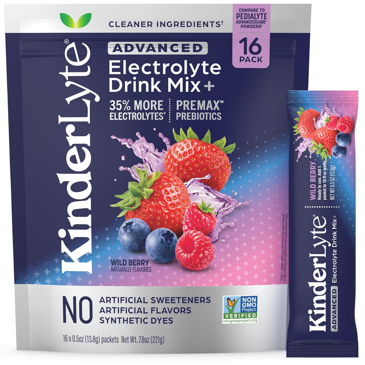 KinderLyte Wild Berry packet closeup demonstrating fast hydration potential