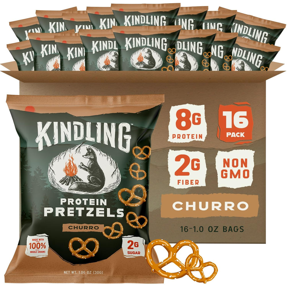 Kindling Churro Protein Pretzels front-of-bag showing protein-packed snack option