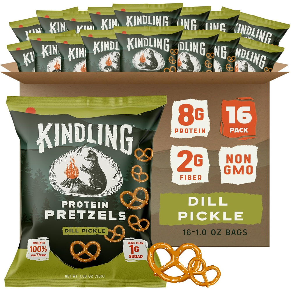 Kindling Protein Pretzels Dill-Pickle bag for on-the-go protein boost.