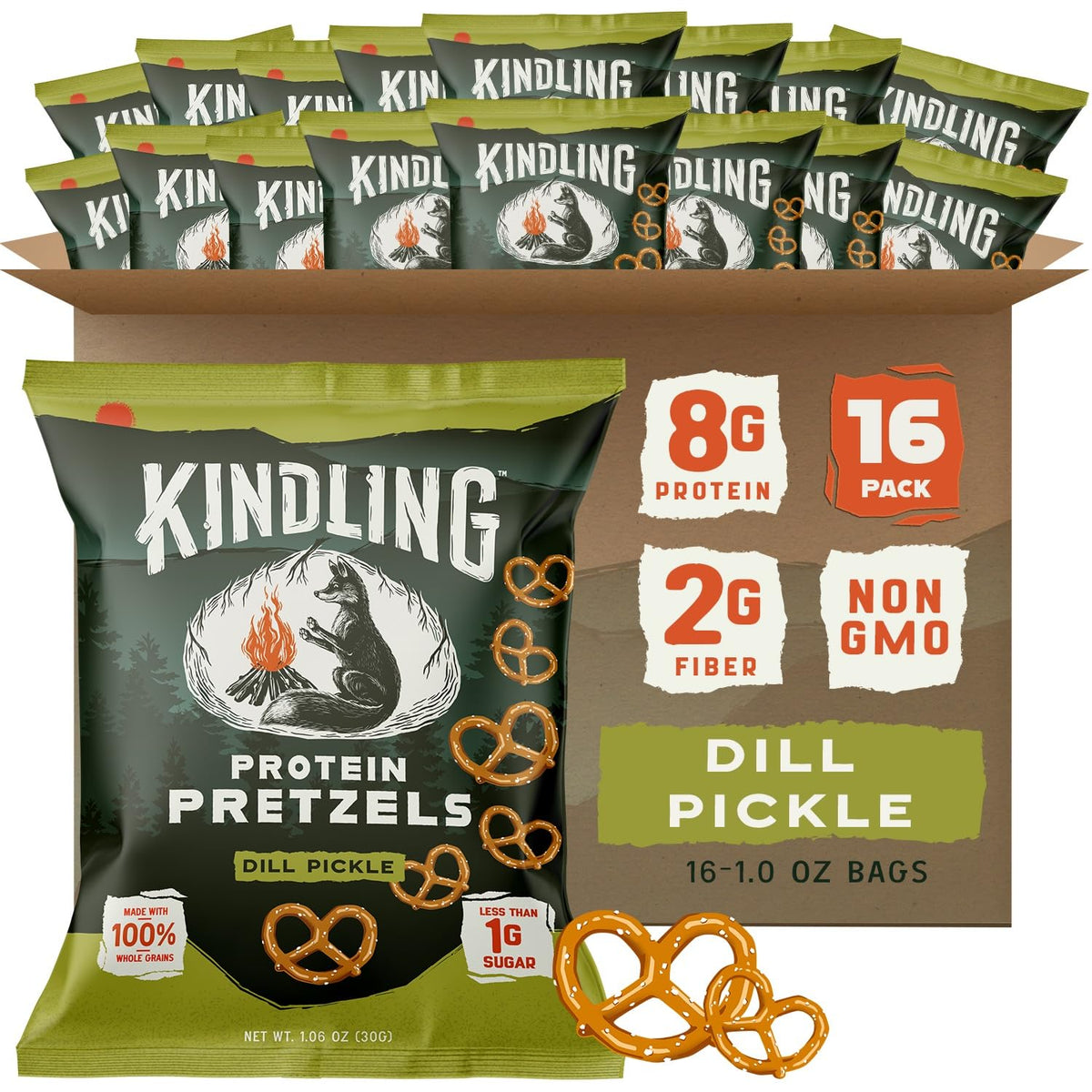Kindling Protein Pretzels Dill-Pickle bag for on-the-go protein boost.