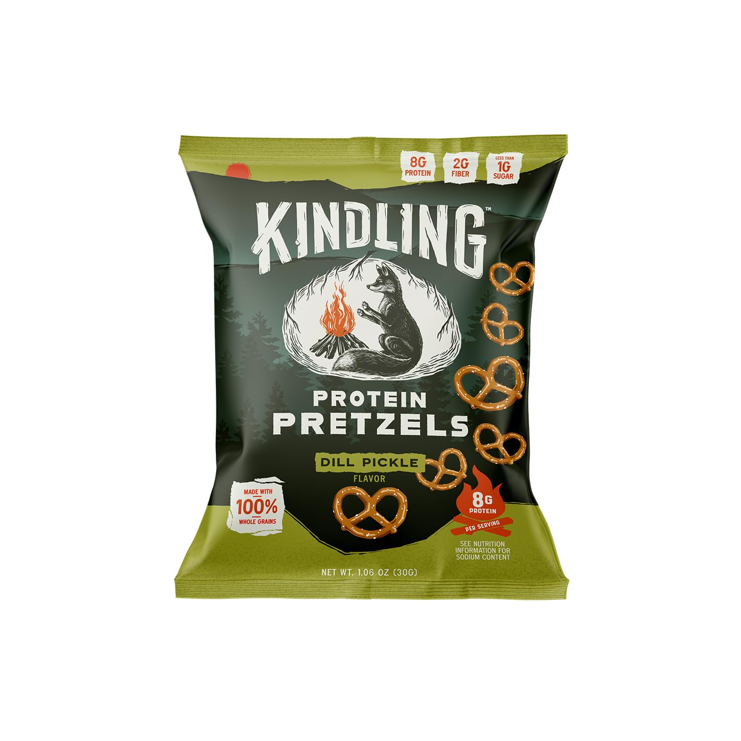 On-the-go pouch featuring Kindling Dill-Pickle flavor snack.