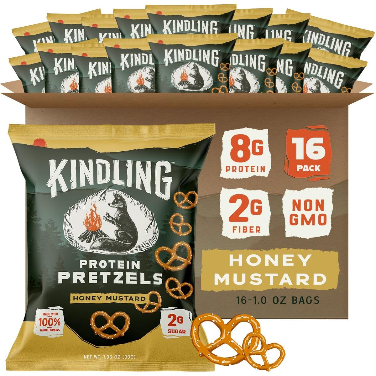 Kindling Protein Pretzels Honey Mustard packaging front highlighting kosher and protein