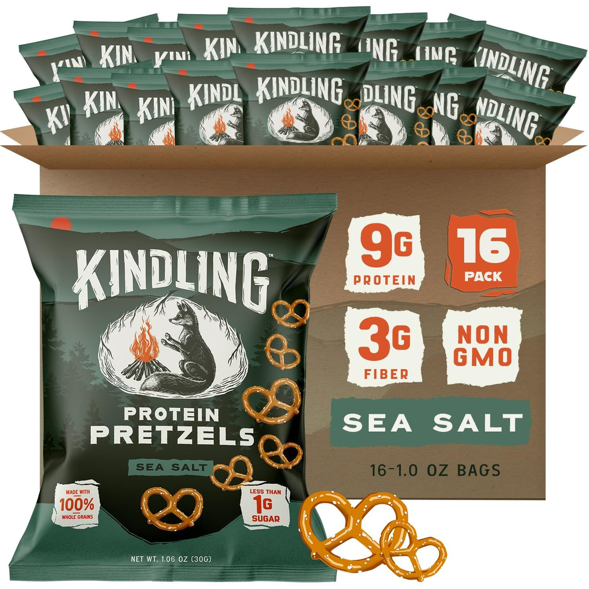 Kindling Protein Pretzels Sea Salt bag front, protein-packed snack for on-the-go