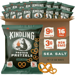 Kindling Protein Pretzels Sea Salt bag front, protein-packed snack for on-the-go