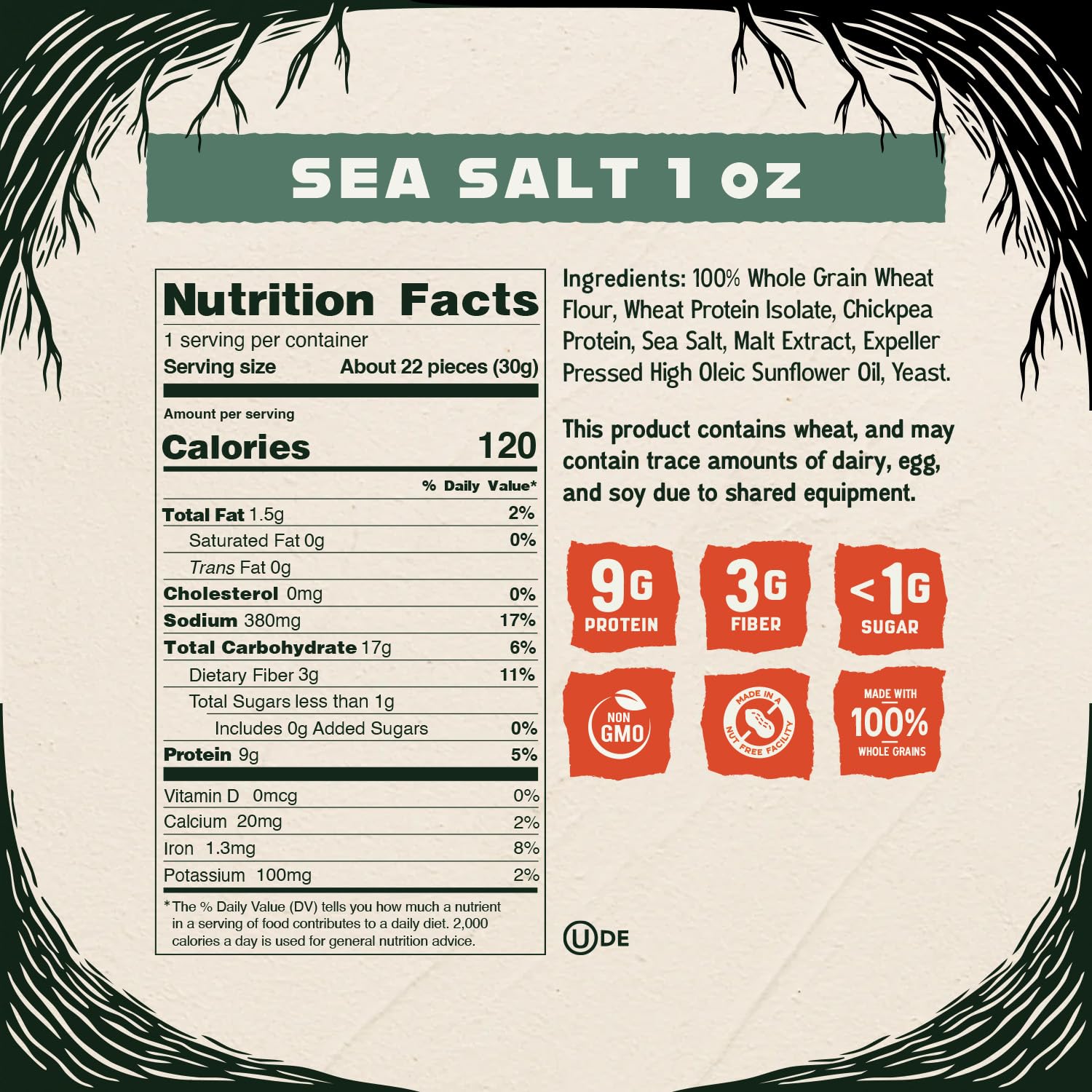 Kindling Protein Pretzels Sea Salt bag side showing serving size