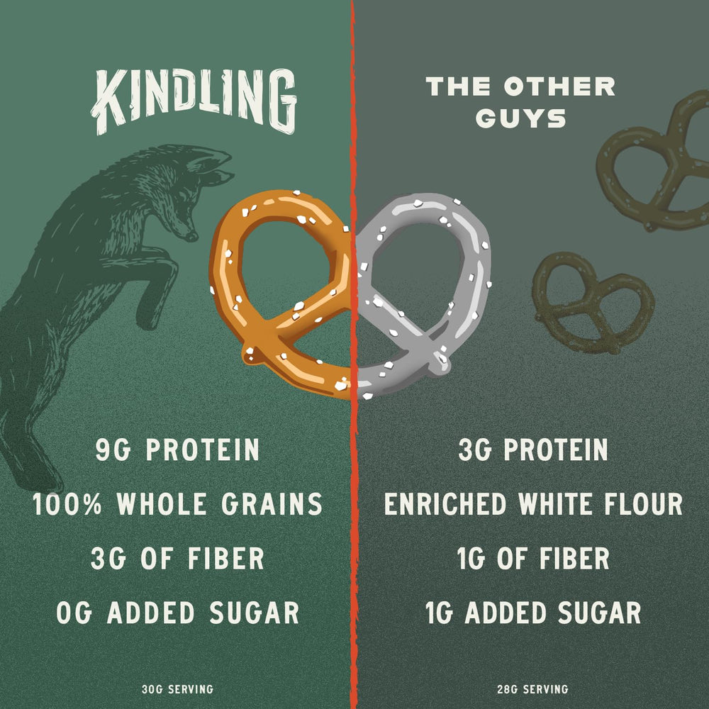 Kindling Protein Pretzels Sea Salt ingredients panel with clean labels