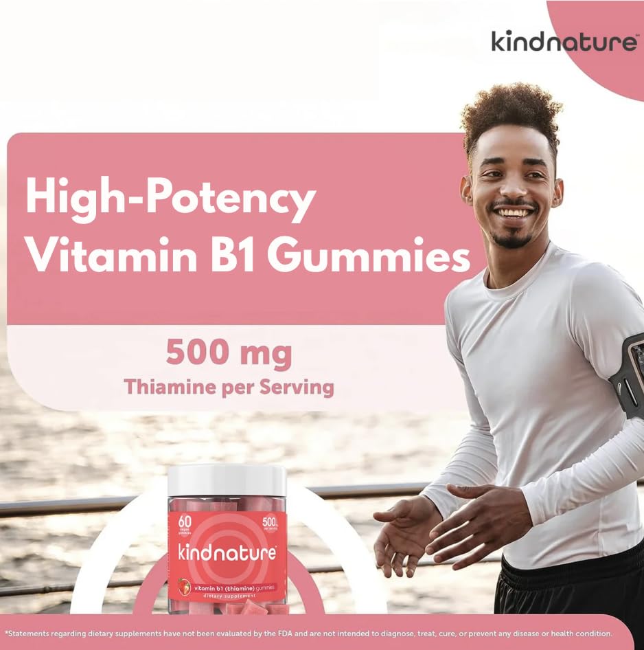 Kindnature Vitamin B1 Gummies ingredients list showing vegan and non-GMO composition.