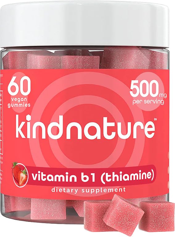Kindnature Vitamin B1 Gummies packshot highlighting high potency for daily energy support.