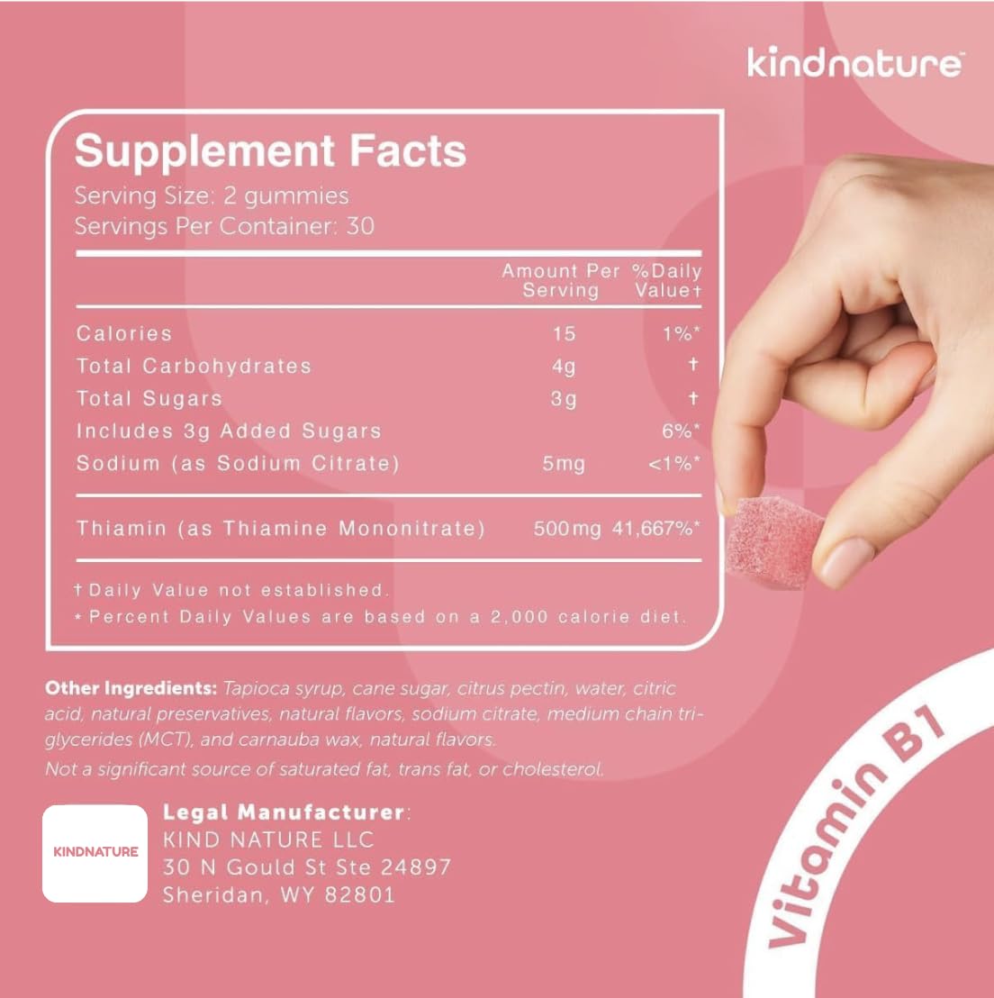 Kindnature B1 Gummies bottle close-up, quality made in USA GMP facility.