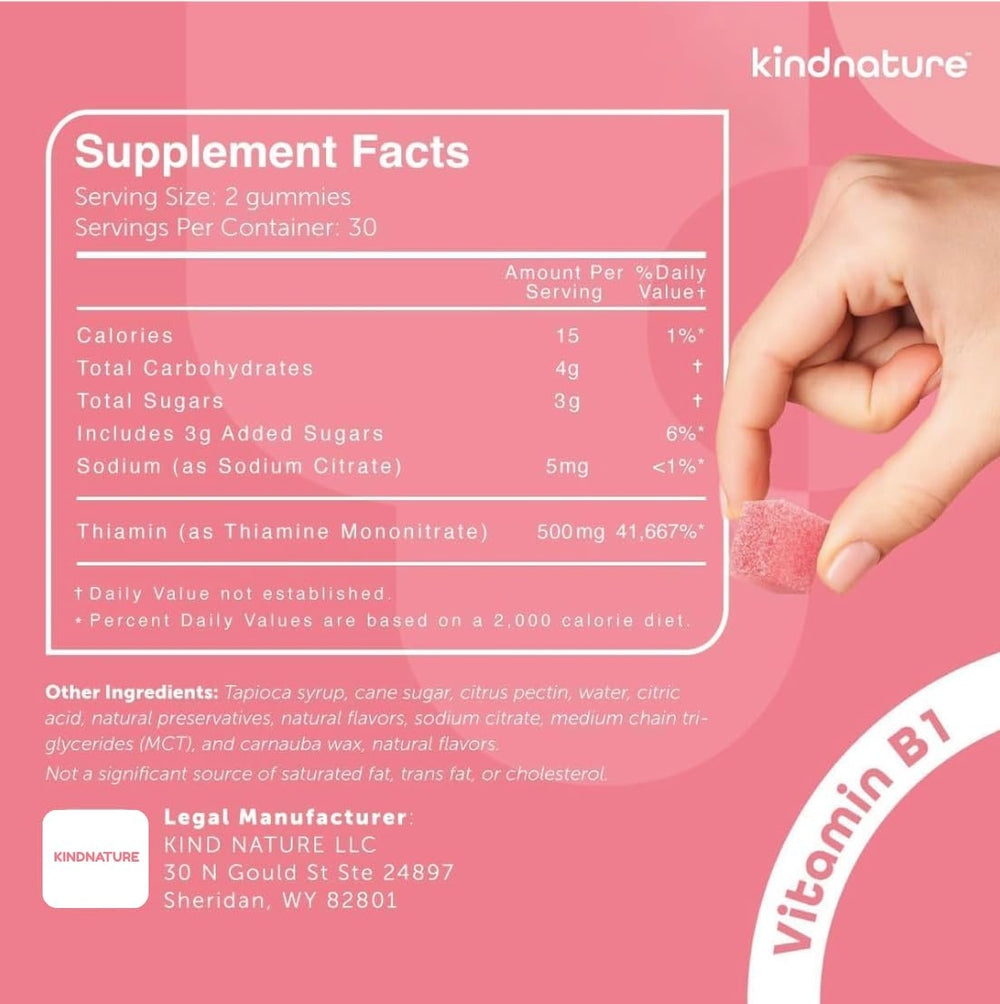 Kindnature B1 Gummies bottle close-up, quality made in USA GMP facility.